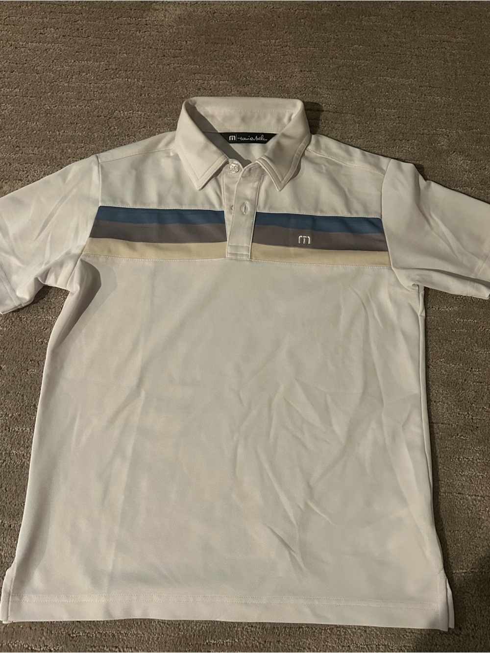 Boys White Golf Polo Shirt with Blue & Tan Stripes